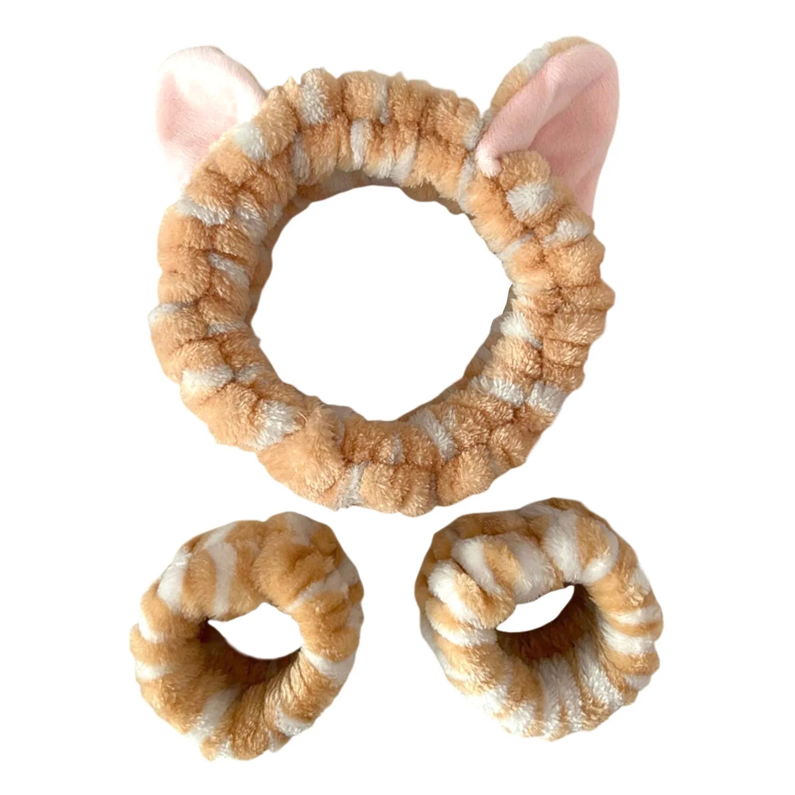 Soft Plush Spa Headband & Wristband Set with Cat Ears