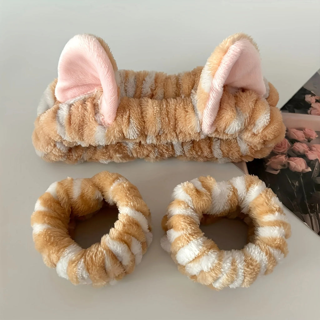 Soft Plush Spa Headband & Wristband Set with Cat Ears