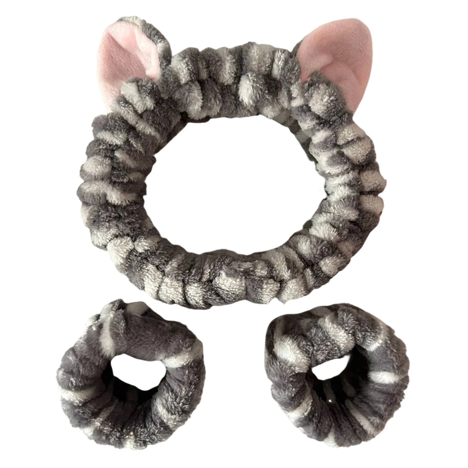 Soft Plush Spa Headband & Wristband Set with Cat Ears