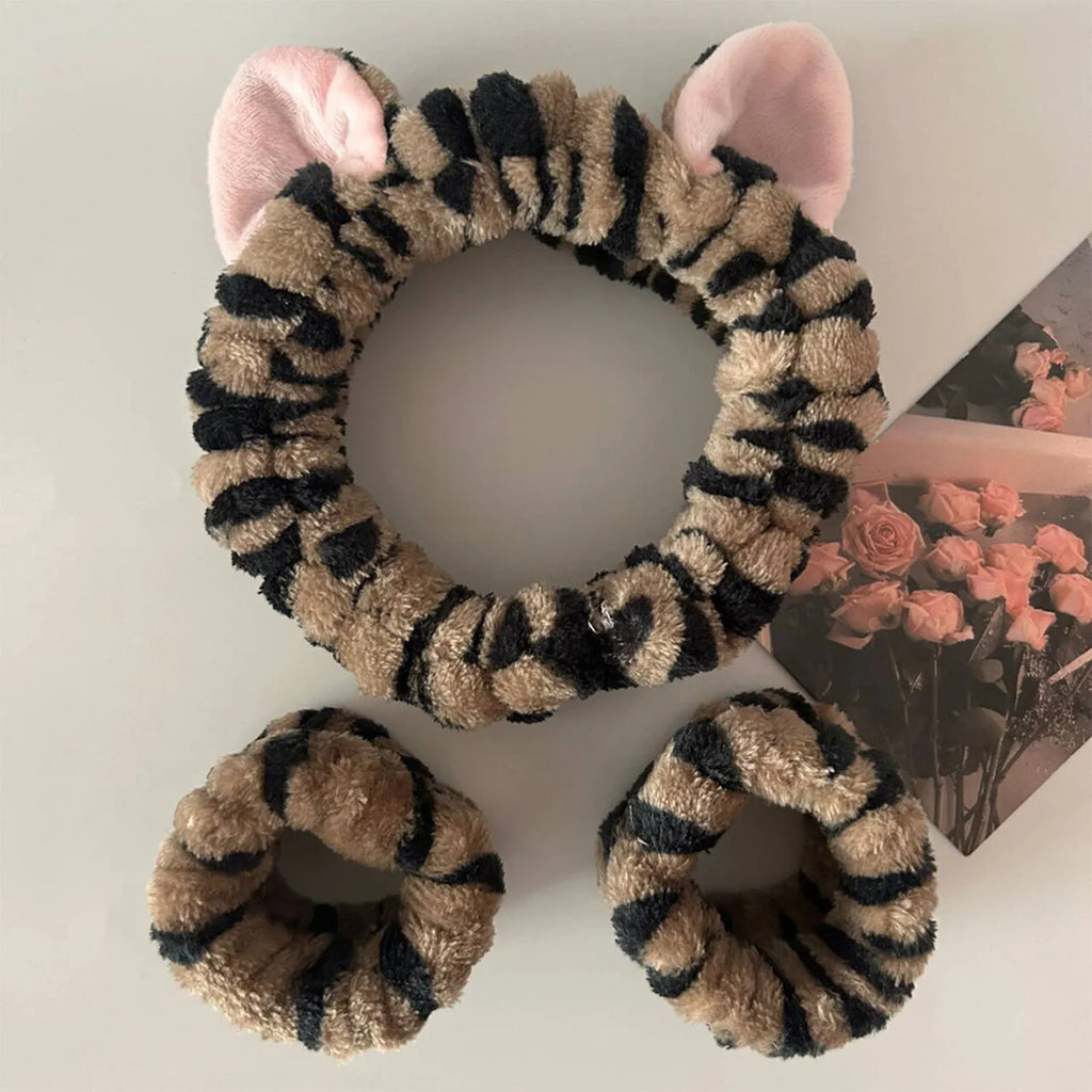 Soft Plush Spa Headband & Wristband Set with Cat Ears