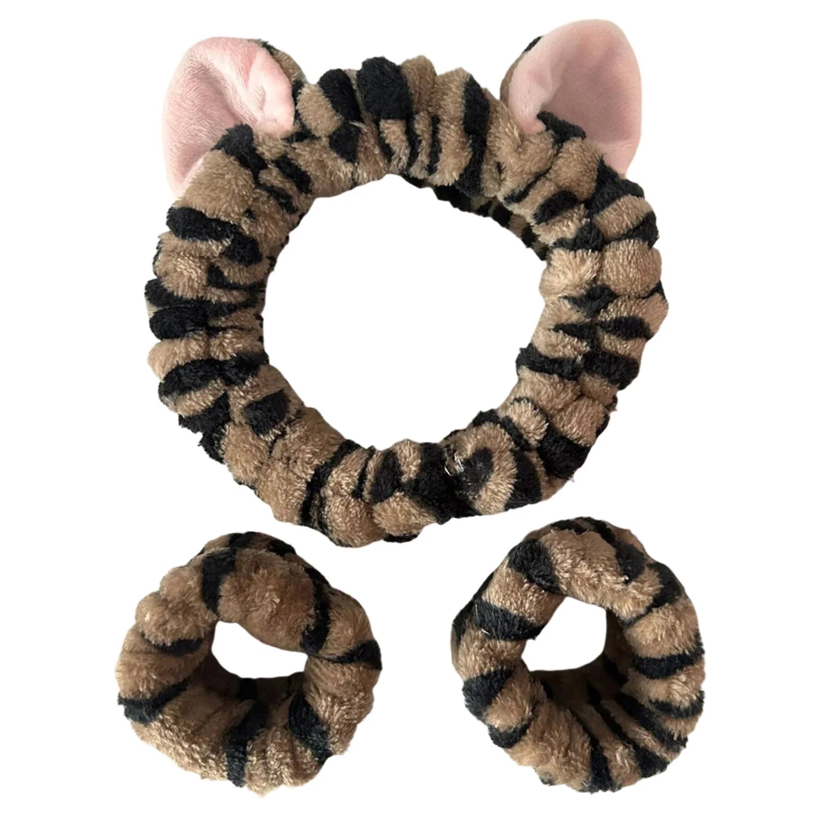 Soft Plush Spa Headband & Wristband Set with Cat Ears