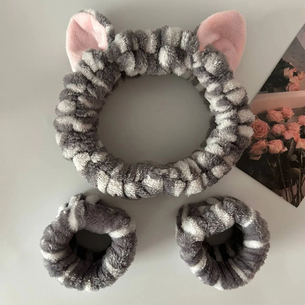 Soft Plush Spa Headband & Wristband Set with Cat Ears