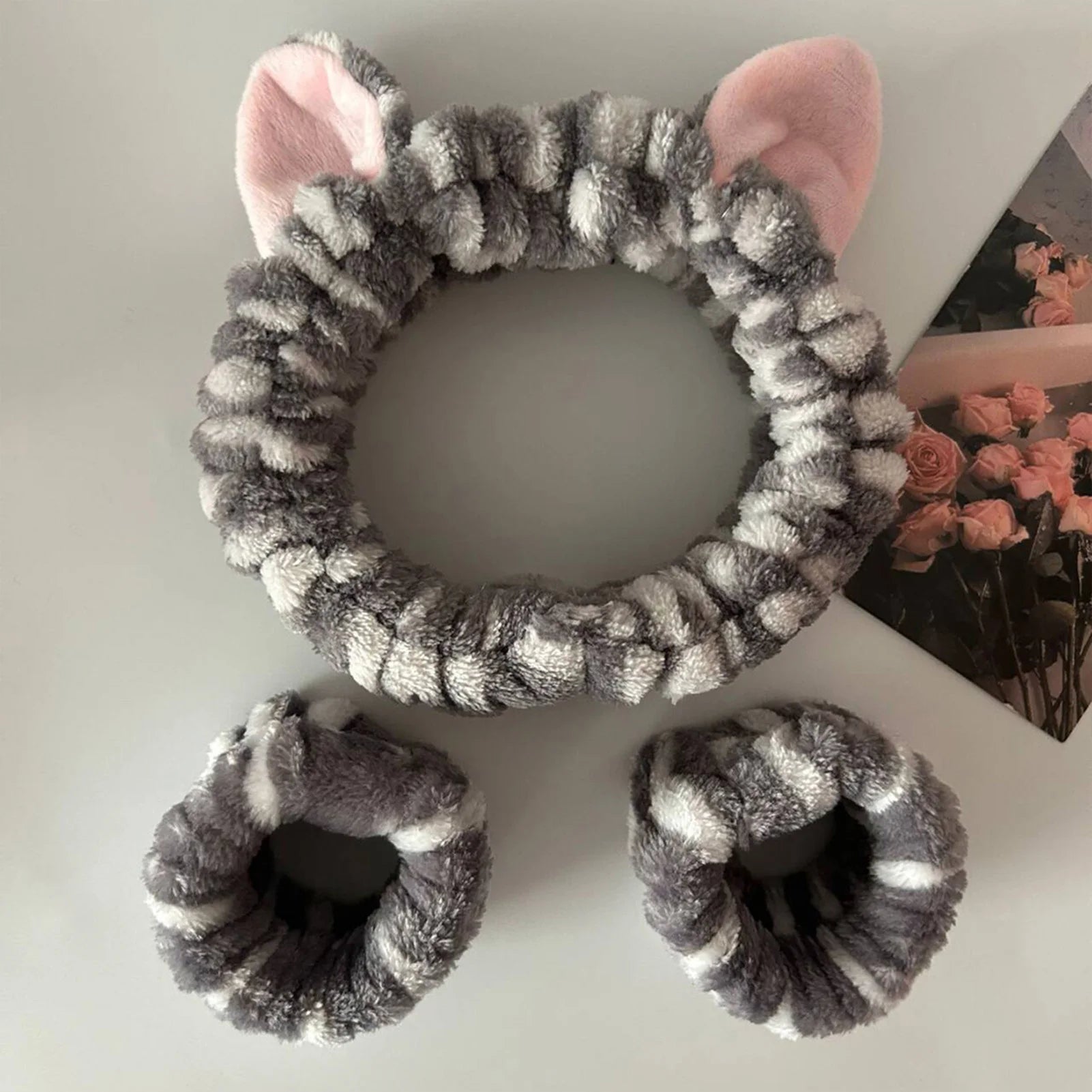 Soft Plush Spa Headband & Wristband Set with Cat Ears
