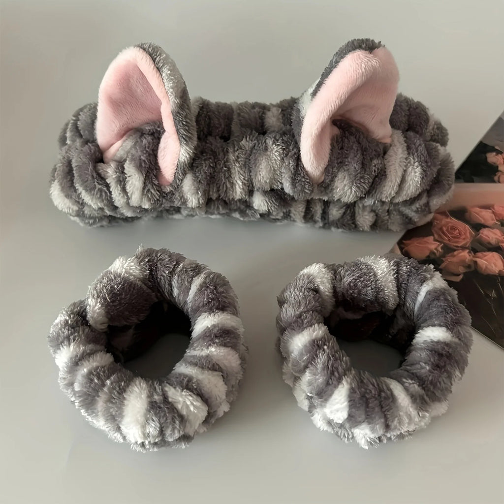 Soft Plush Spa Headband & Wristband Set with Cat Ears