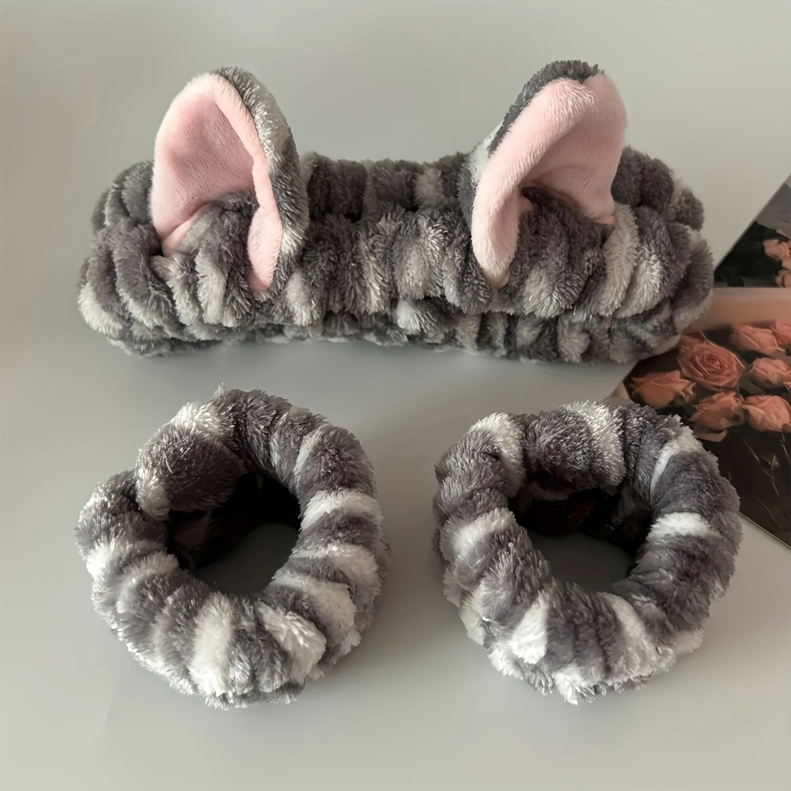Soft Plush Spa Headband & Wristband Set with Cat Ears