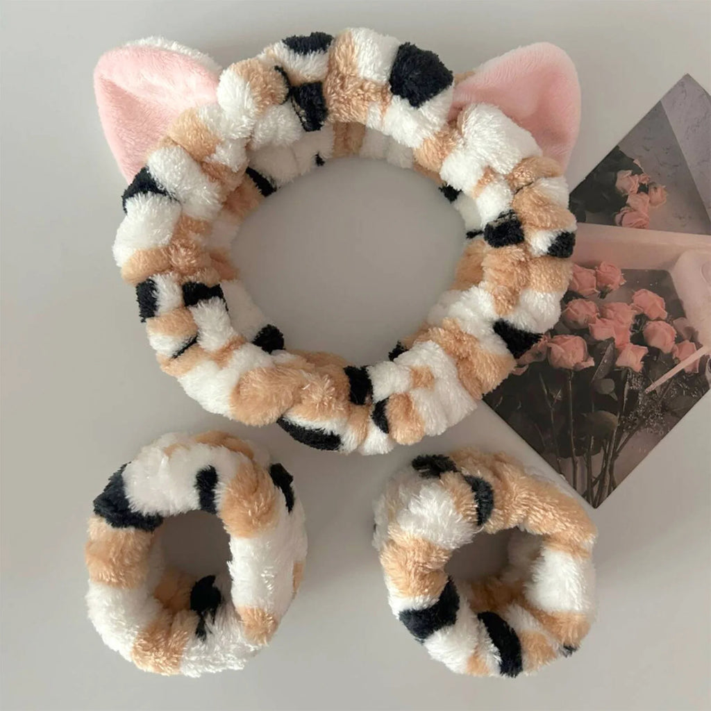 Soft Plush Spa Headband & Wristband Set with Cat Ears