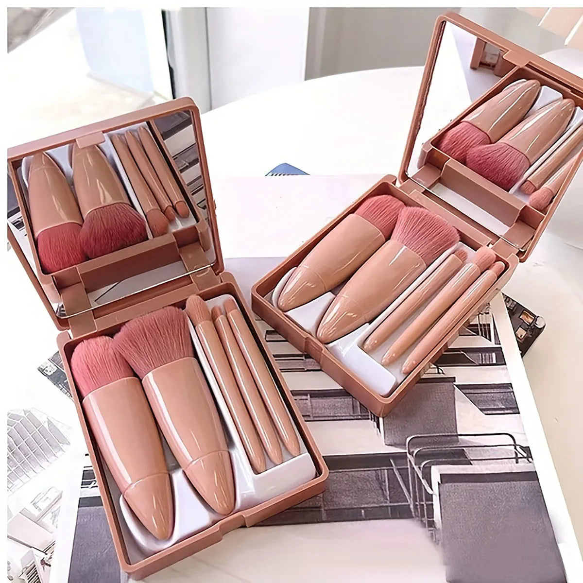 5-Piece Travel Makeup Brush Set with Mirror