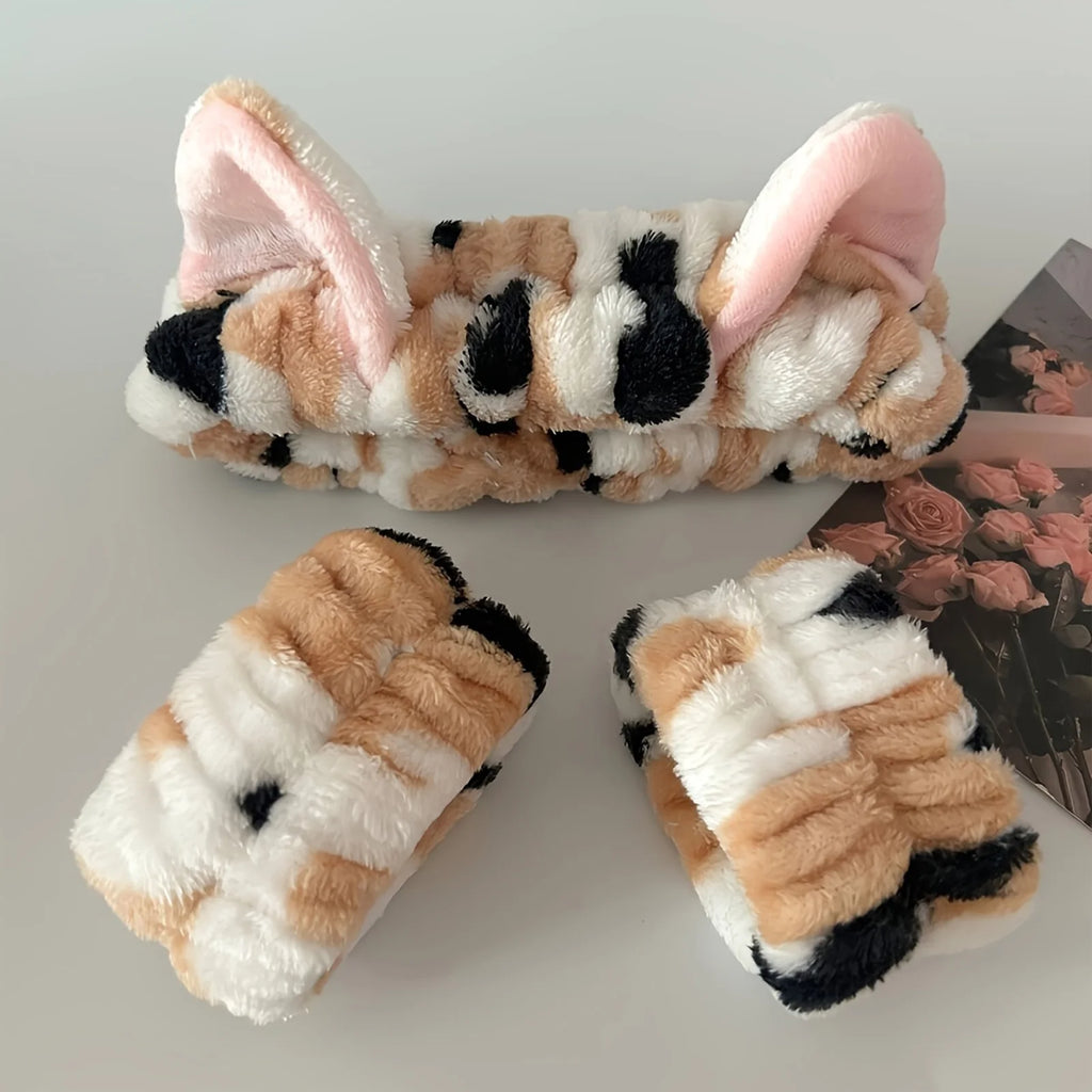 Soft Plush Spa Headband & Wristband Set with Cat Ears