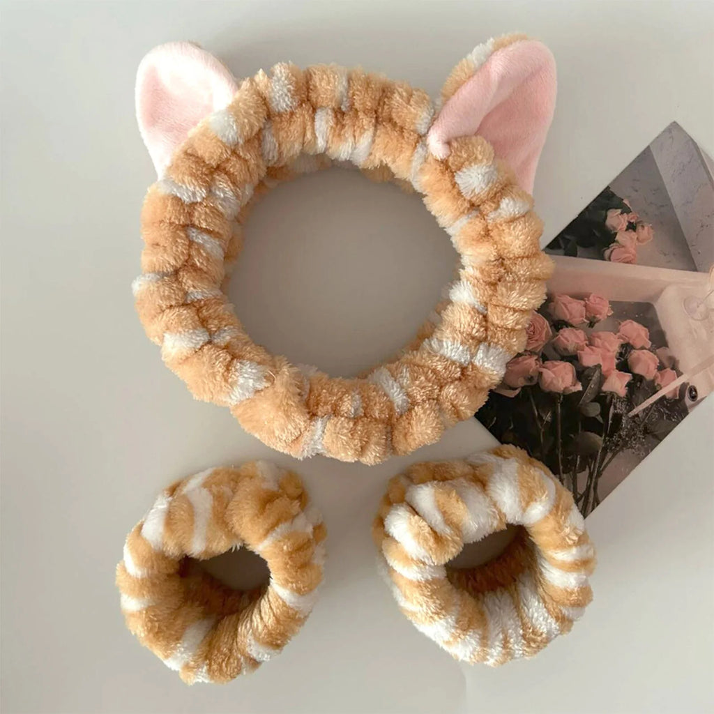 Soft Plush Spa Headband & Wristband Set with Cat Ears