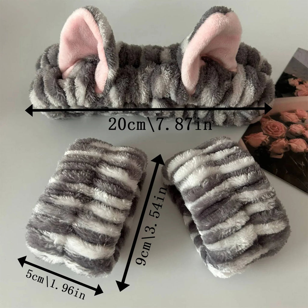 Soft Plush Spa Headband & Wristband Set with Cat Ears