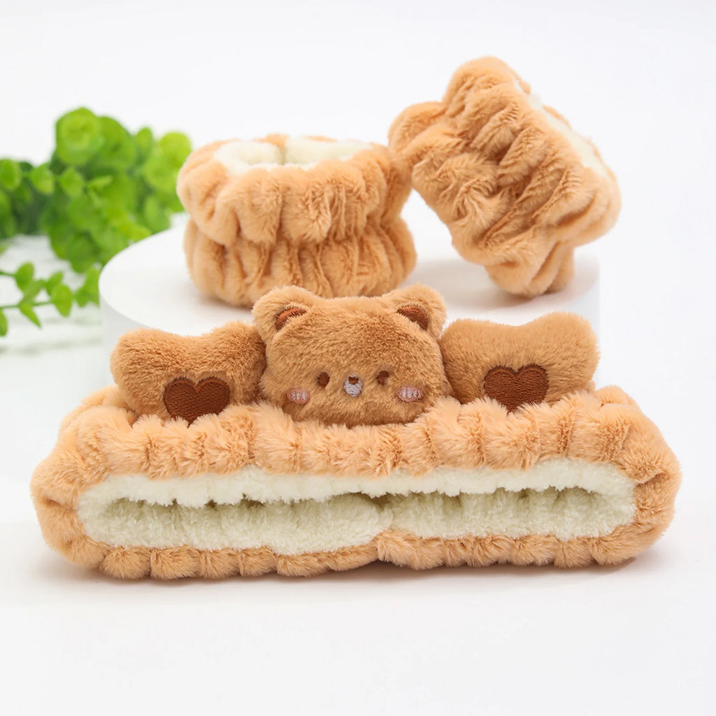Soft Plush Spa Headband & Wristband Set with Cat Ears