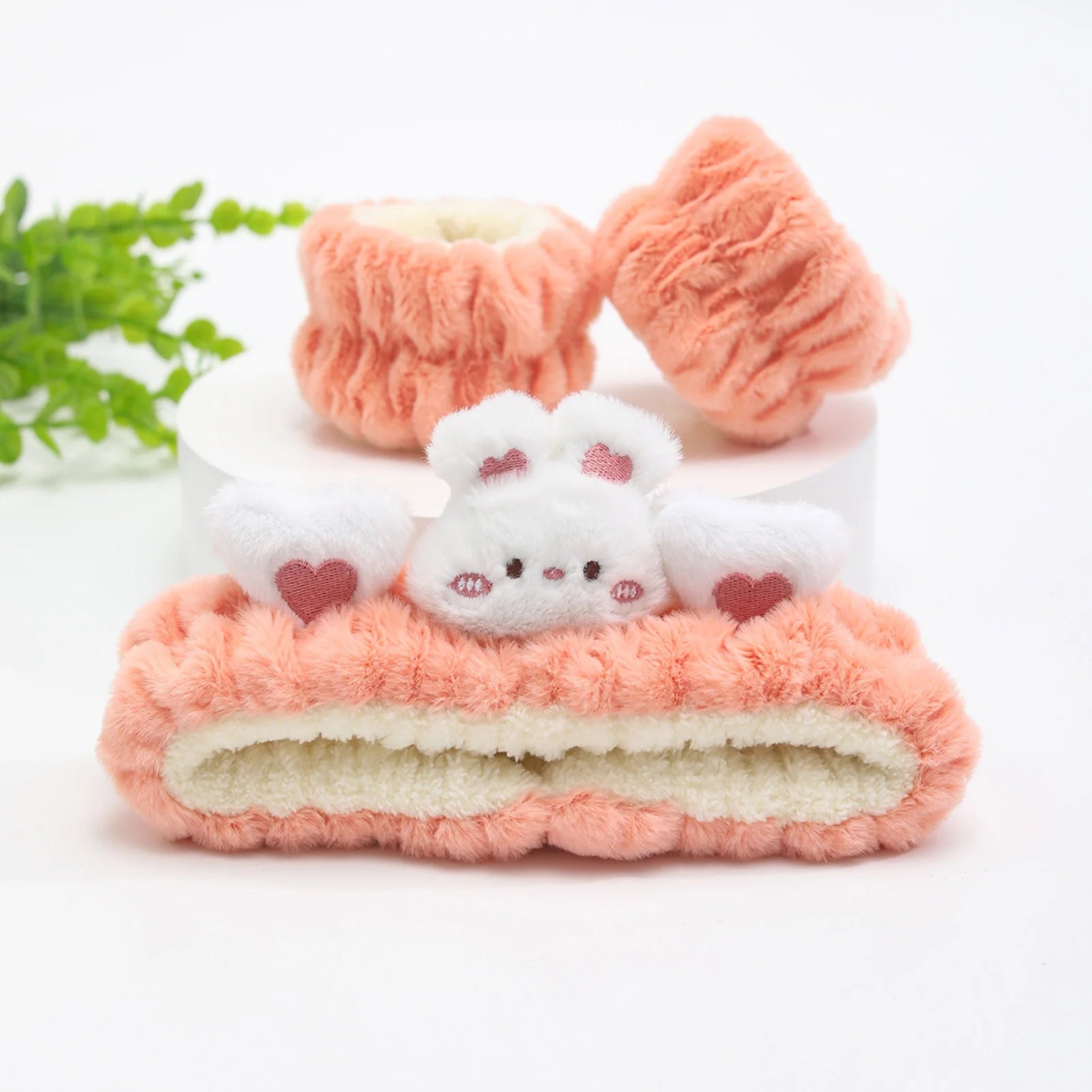 Soft Plush Spa Headband & Wristband Set with Cat Ears